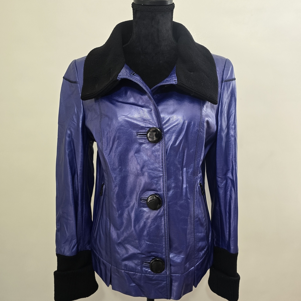 Genuine Purple Leather Jacket Women Size 40 M Knit Collar Button Front-Ottimo